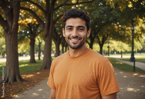 Handsome Middle Eastern man on a sunny day. Middle Eastern male smiling outdoors. Happy Middle Eastern man enjoying the outdoors.