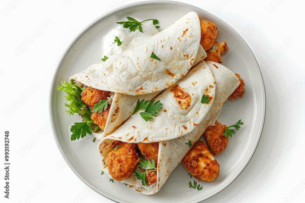 Fried Chicken tortilla wraps with white cream on a plate isolated on a white background, MZ Fried Chicken tortilla wraps with white cream on a plate isolated on a white background, MZ