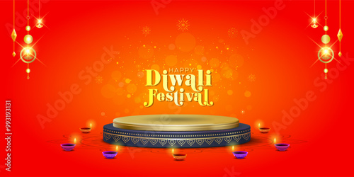 Background of Diwali dhanteras festival with golden 3d Podium, decoration, oil lamp, sparkle and fireworks. photo