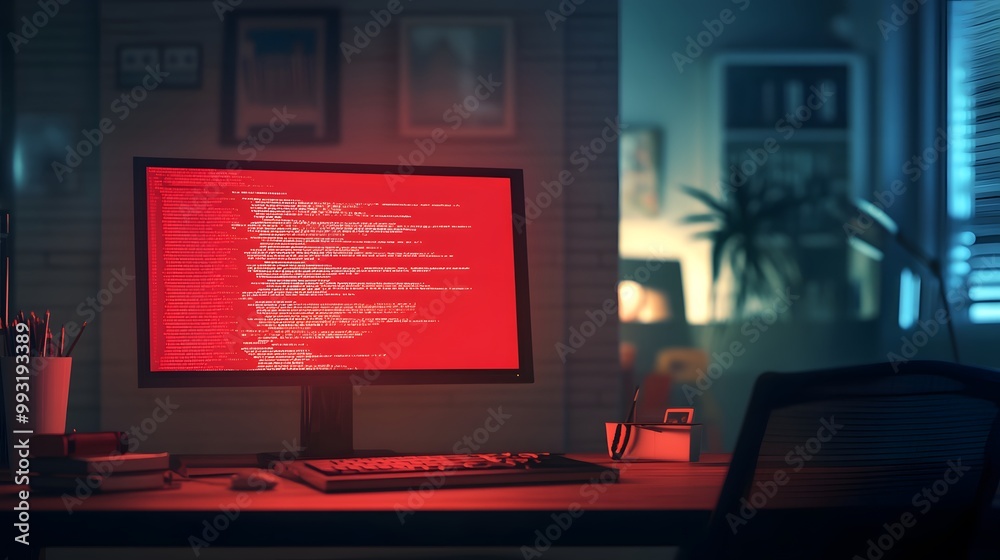Computer screen showing red ransomware warning message in home office setting, highlighting cybersecurity threats and digital safety concerns Computer screen showing red ransomware warning message in home office setting, highlighting cybersecurity threats and digital safety concerns