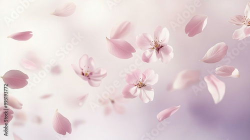   A group of pink flowers floating in a pink and white background with pink petals flying