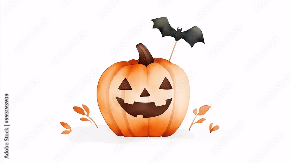 Naklejka premium Cheerful Halloween Pumpkin with Bat Decoration