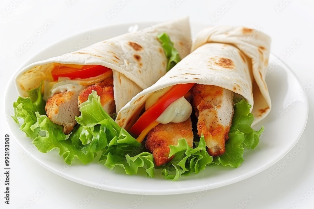 Fried Chicken tortilla wraps with white cream on a plate isolated on a white background, MZ Fried Chicken tortilla wraps with white cream on a plate isolated on a white background, MZ