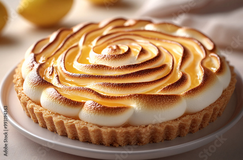 Lemon meringue tart on a white plate with glossy yellow filling and toasted meringue, captured in soft natural light. Perfect for food blogs, dessert menus, and social media.