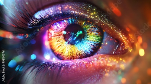 Close-up of a Sparkling Eye with Multicolored Iris and Eyelashes