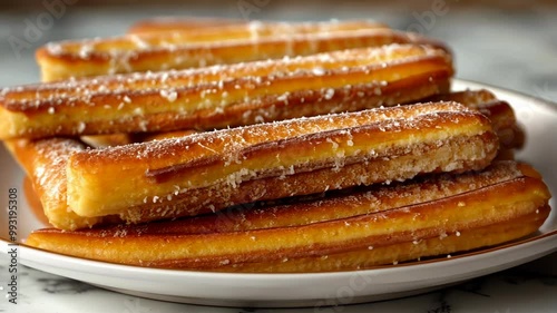A plate of freshly fried churros, dusted with sugar, is ready to be eaten