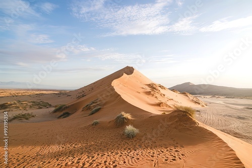 A wide shot of a vast desert with towering sand dunes.