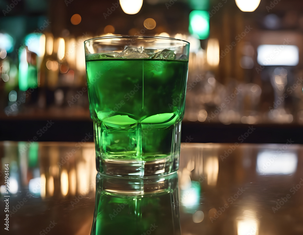 Glass of green cocktail close-up on blurred background of bar. Holiday, alcohol, drinks, bar counter Glass of green cocktail close-up on blurred background of bar. Holiday, alcohol, drinks, bar counter