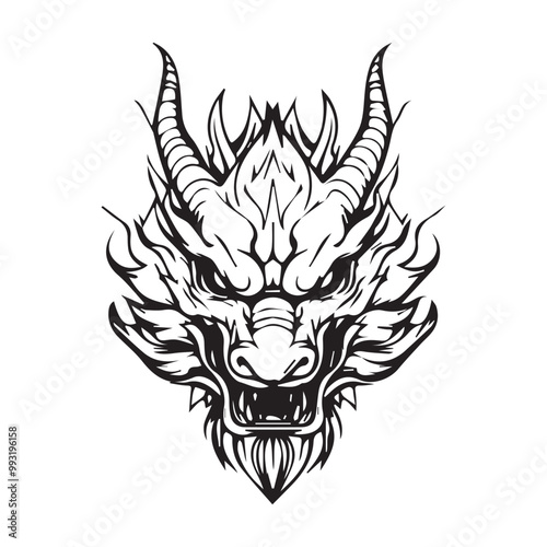 Black and white line art, vector illustration of a dragon head mask for t-shirt design