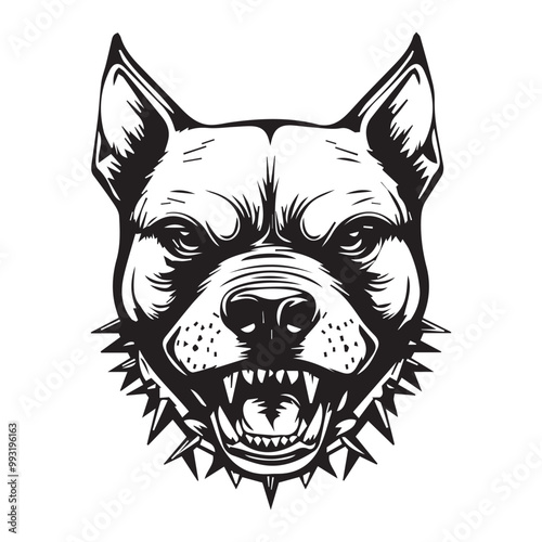 Black and white vector Pit bull head with spiked collar