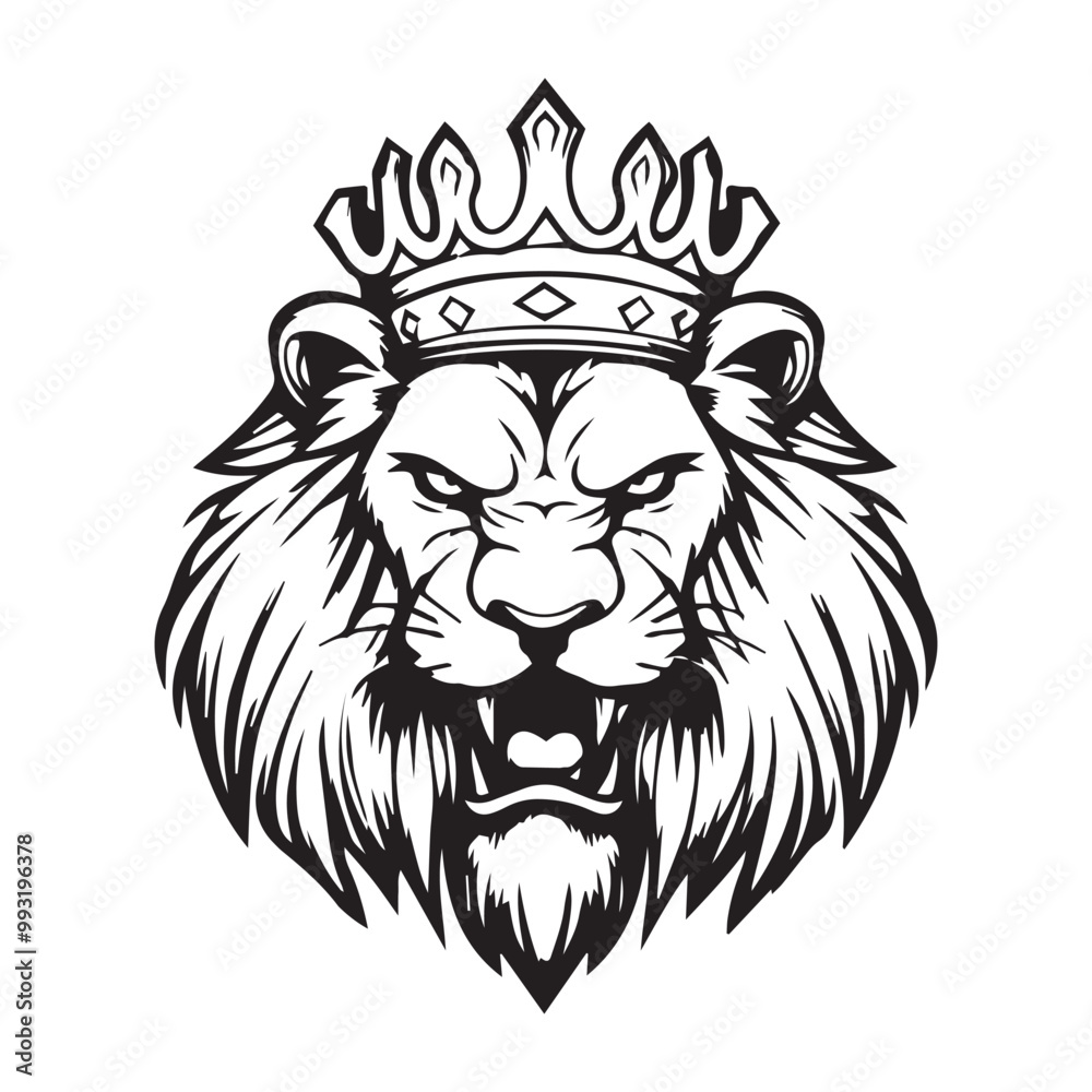 A black and white vector design of an angry lion head with a king's crown on top A black and white vector design of an angry lion head with a king's crown on top