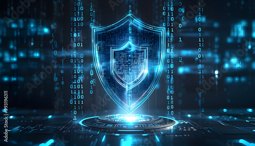 Abstract Digital Shield Protecting Data with Holographic Design and Binary Code in Cybersecurity Concept