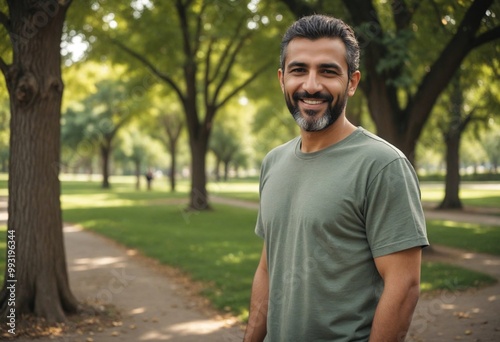 Handsome Middle Eastern man on a sunny day. Middle Eastern male smiling outdoors. Happy Middle Eastern man enjoying the outdoors.
