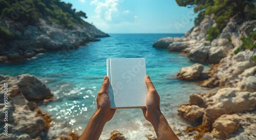 A Person Holding Up an Empty White Book Cover with the Intent to Create or Showcase Their Own Unique Design, Emphasizing the Importance of Creativity and Personalization in Book Publishing, Perfect fo photo