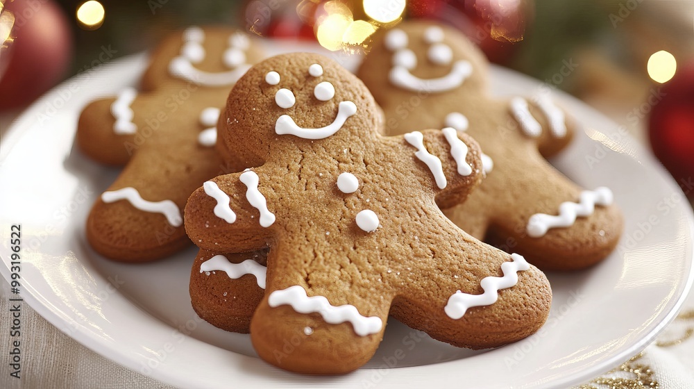 Gingerbread man-shaped Christmas cookies sit on a white plate. Gingerbread man-shaped Christmas cookies sit on a white plate.