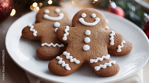 Gingerbread man-shaped Christmas cookies sit on a white plate.