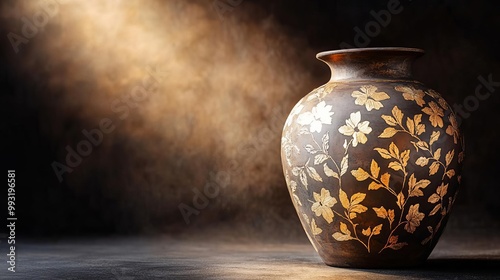 An ornate pottery jar with delicate gold leaf floral patterns, glowing softly in dim light, suggesting ancient royalty