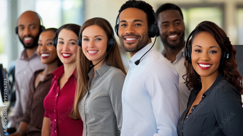 Smiling Call Center Agents with Headsets in a Customer Service Environment Smiling Call Center Agents with Headsets in a Customer Service Environment
