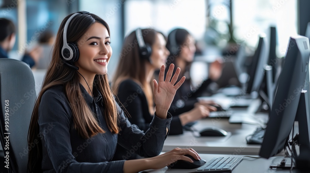 Female Call Center Agent Waving While Assisting Clients in a Modern Office Female Call Center Agent Waving While Assisting Clients in a Modern Office