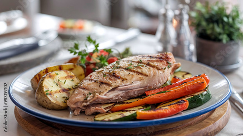 Appetizing grilled chicken fillet with vegetables and grilled potatoes, served on a plate in a cozy restaurant setting. Ideal for menu designs, healthy food themes, and culinary presentations. 