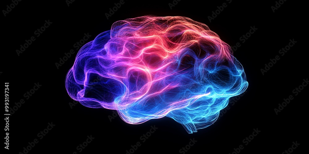 A 3D rendering of a glowing, blue and red, human brain. A 3D rendering of a glowing, blue and red, human brain.