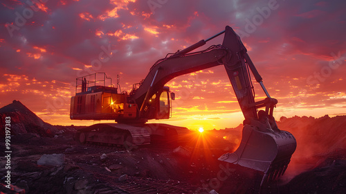 Industrial excavator on construction site against a vibrant sunset, depicting heavy machinery at work in mining operations and land development photo