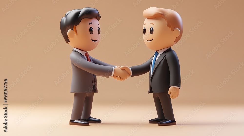 Business partners, shaking hands over contract, 3D illustration Business partners, shaking hands over contract, 3D illustration
