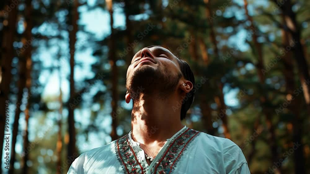 Man in Traditional Embroidered Shirt Looking Up in Sunlit Forest Man in Traditional Embroidered Shirt Looking Up in Sunlit Forest