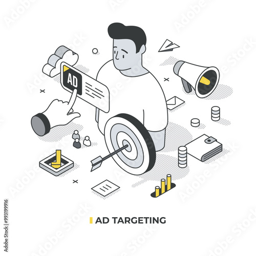 Isometric illustration of ad targeting as marketing technology concept. Customer at the center, with a target and arrow nearby. It represents the target audience for advertising and finding customers
