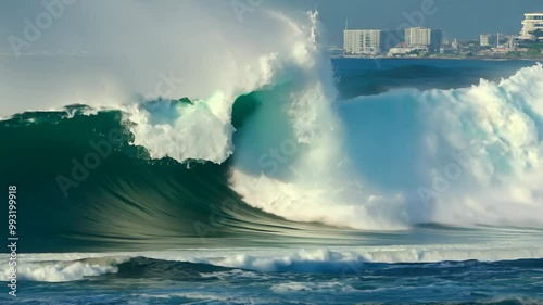 Large Ocean Wave Crashing Against the Shore with Clear Blue Sky and White Foam photo