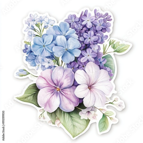 A cute sticker featuring a delicate bouquet mix of Lilacs and morning glories blooms