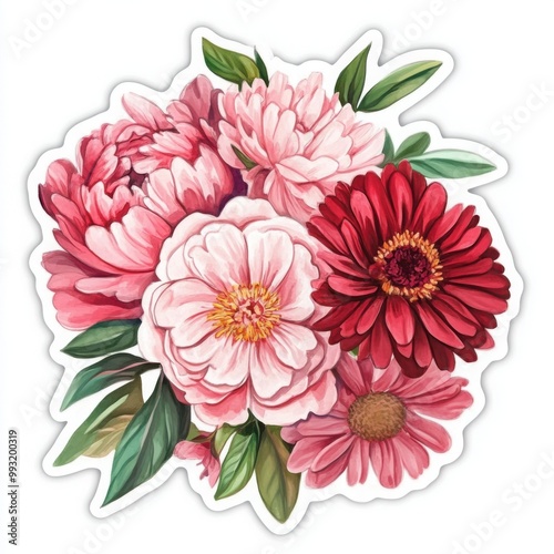 A cute sticker featuring a delicate bouquet mix of Pink peonies and red gerberas blooms