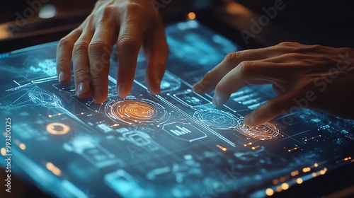 Closeup of hands drawing strategy diagrams on a touchscreen, futuristic business tools Techdriven business, strategy planning