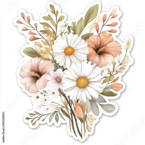 A cute sticker featuring a delicate bouquet mix of Daisies and hibiscus blooms