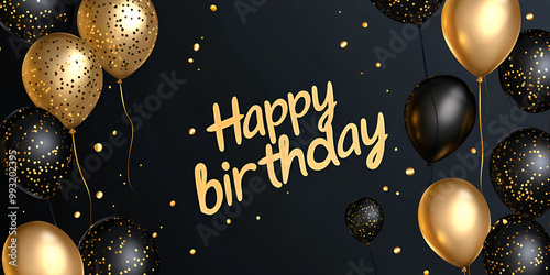 Elegant Black and Gold Balloons with Happy Birthday Message