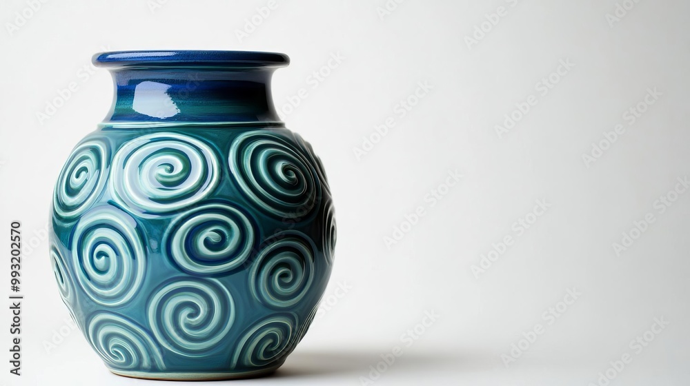 Pottery jar with swirling patterns in shades of blue and green, reflecting ancient oceanic cultures Pottery jar with swirling patterns in shades of blue and green, reflecting ancient oceanic cultures