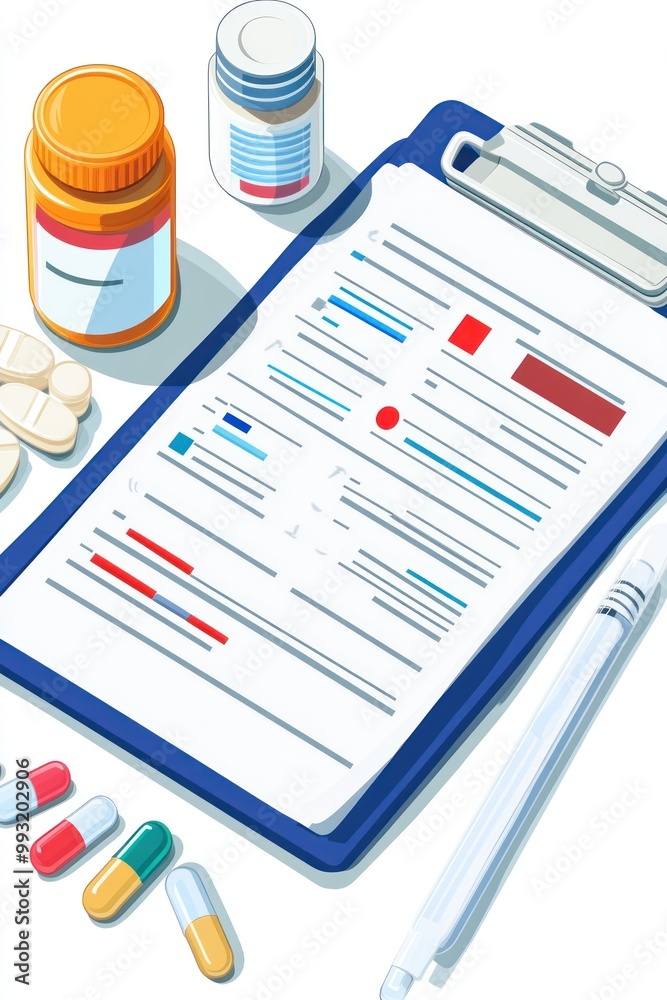 A medical clipboard with a prescription form, pills, and bottles. A medical clipboard with a prescription form, pills, and bottles.
