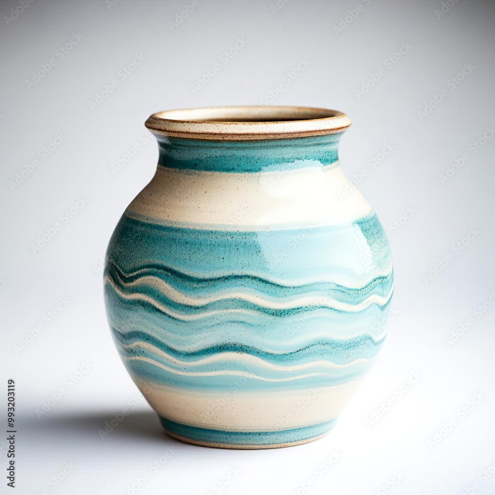 Rustic pottery jar with soft, blue glazing and subtle wave patterns, reflecting the oceanic influence on ancient cultures