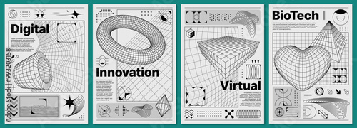 Brutalism y2k posters with retro grid and 3d abstract shapes. Vector futuristic, brutal digital innovation and biotech black and white templates with 3d wireframe pattern and three dimensional figures