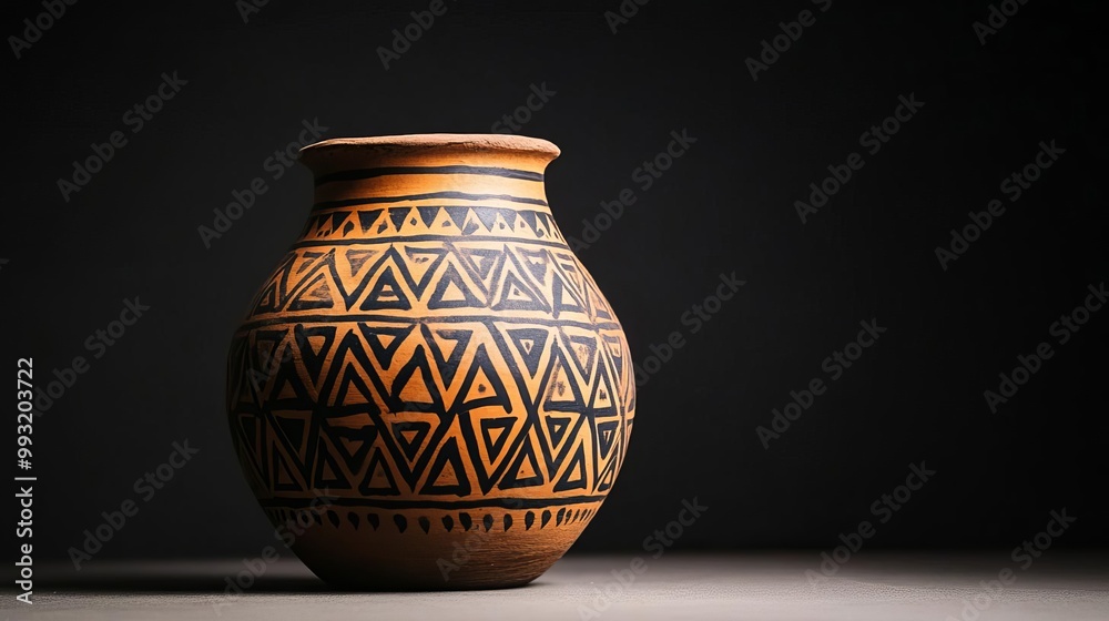 Unearthed pottery jar with geometric designs, dust-covered, representing ancient South American civilizations Unearthed pottery jar with geometric designs, dust-covered, representing ancient South American civilizations