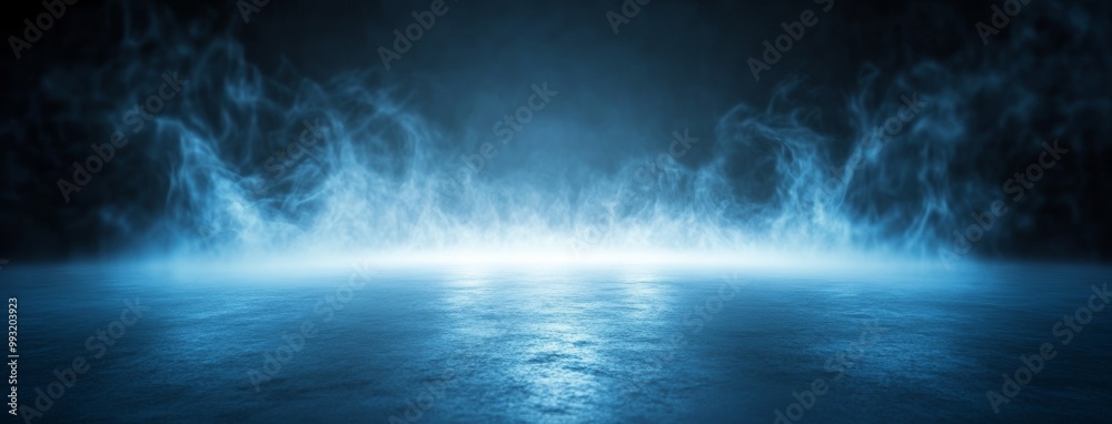 Dark street, wet asphalt, reflections in the water. Abstract dark blue background, smoke, smog. Empty dark scene with neon light. Concrete floor. Dark street, wet asphalt, reflections in the water. Abstract dark blue background, smoke, smog. Empty dark scene with neon light. Concrete floor.