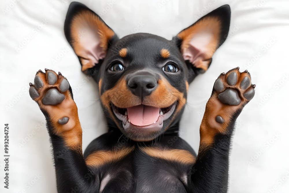 cute rottweiler or doberman puppy dog lying on his back with paws up and waiting for belly rubs; doggy isolated on white background cute rottweiler or doberman puppy dog lying on his back with paws up and waiting for belly rubs; doggy isolated on white background