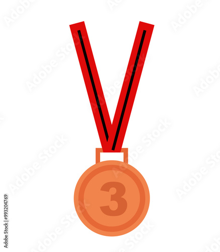 a circular bronze medal with 3rd place written on it and a red ribbon garland