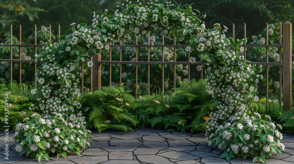Obraz premium Floral Garden Arch with White Blossoms and Lush Greenery