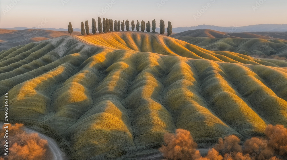 Fototapeta premium Golden Light on Rolling Hills and Cypress Trees in a Serene Landscape..