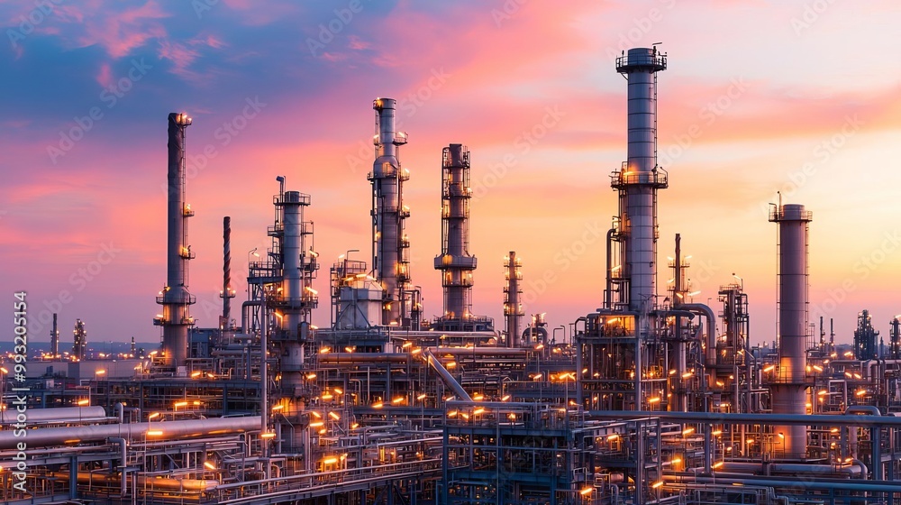 Aerial shot of an oil refinery at twilight Aerial shot of an oil refinery at twilight