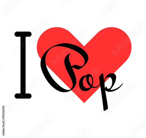 I love Pop creative slogan. Hand drawn letters with red heart. Vector illustration, lettering in modern design