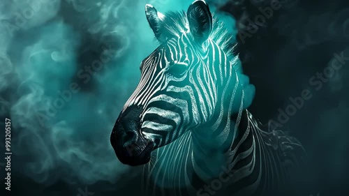 A zebra stands in a field of blue smoke, its stripes illuminated by a bright light photo