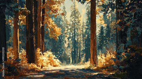 Sequoia tree forest in California at rainy autumn day. Abstract illustration in artistic painting style. Generative Ai
