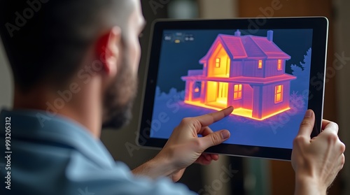 Man Looking at Thermal Image of House on Tablet